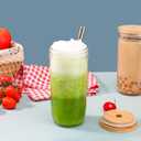 Mason 2 Pack Reusable Tea Cups, Glass Jars 24oz Wide Mouth Smoothie Cups with Bamboo Lids and Silver Straws, Drinking Glass Bubble Tea Cups for Iced Coffee Travel Bottle