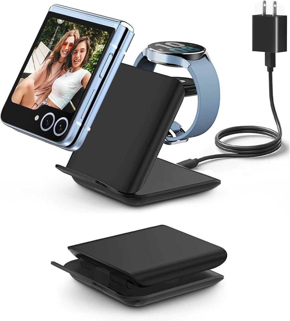 Wireless Charger for Samsung Galaxy z Flip & Watch Combo - 2 in 1 Foldable Wireless Charging Station for Flip 7/6/5/4, Motorola Razr+, Galaxy Watch 8/7/6 | PD20W Adapter Included | Black Travel Dock