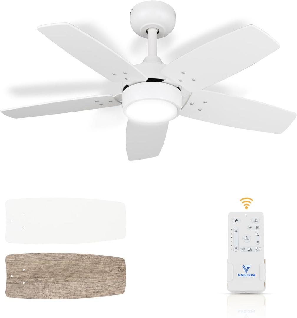 Ceiling Fan 36'' for Small Room: Matte White Modern Fans with Light Remote Control - Reversible Quiet DC Motor Dimmable with 6 Speeds for Dorm Room Bedroom Indoor Outdoor Use