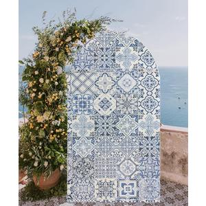 Arch Backdrop Covers Porcelain Party Decor Mediterranean Tiles Blue Arched Photography Background Stand Covers for Banquet Baby Shower Parties (W90cm H180cm (35'' by 72'')