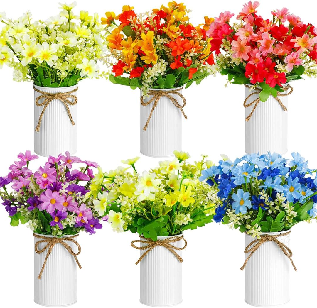 6 Sets Spring Daisy Table Centerpieces Colorful Artificial Wildflower with Galvanized Metal Pot Vintage Artificial Potted Daisy Flowers Decoration for Easter Home Office Wedding Party Baby Shower