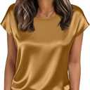 Nfsion Tops for Women Silk Satin Cap Short Sleeve Blouse Square Neck Shirts Business Casual Outfits (Gold, M)