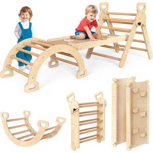 Pikler Triangle Set Montessori Play Gym Climbing Toys for Toddlers 1-3 Inside Wooden Baby Play Gym Toddler Slides Indoor and Outdoor Play