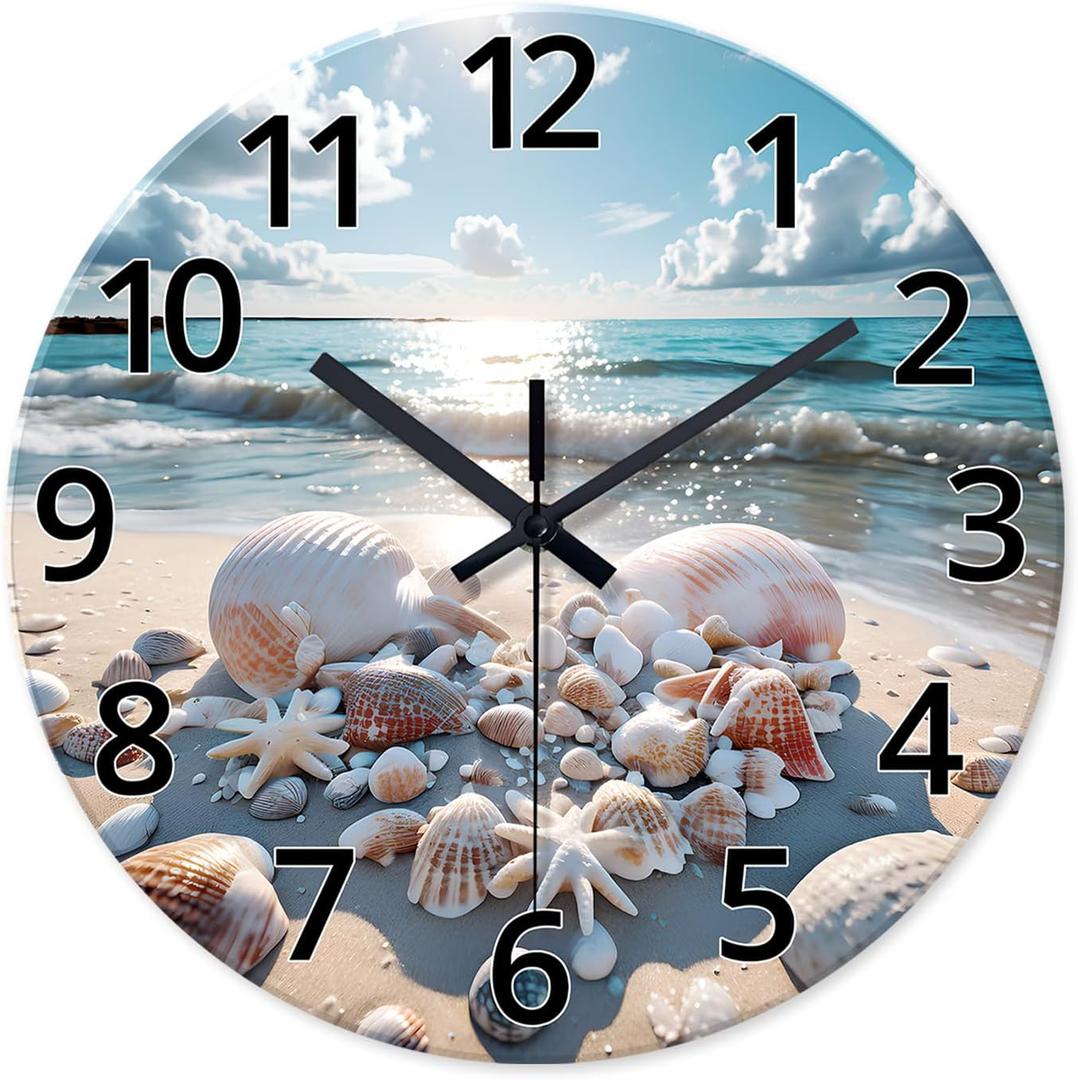 XNM Round Glass Wall Clocks Battery Operated 20 Inch Coastal Analog Large Wall Clocks for Living Room Blue Beach Wall Clock Silent