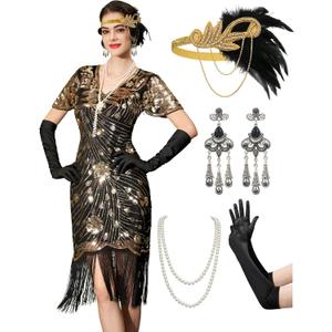 YESSA Flapper Dresses 1920s,Great Gatsby Dresses for Women Fringe Roaring 20s Costumes with 20s Accessories for Harlem Nights (Medium, Black Gold)