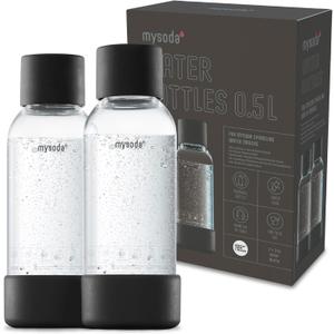 Carbonating Bottles 2Pck 0.5L - Compatible with MySoda and any brands - Quick-Lock Reusable Bottles - Lid and Base Made of Wood Composite - BPA Free - Black