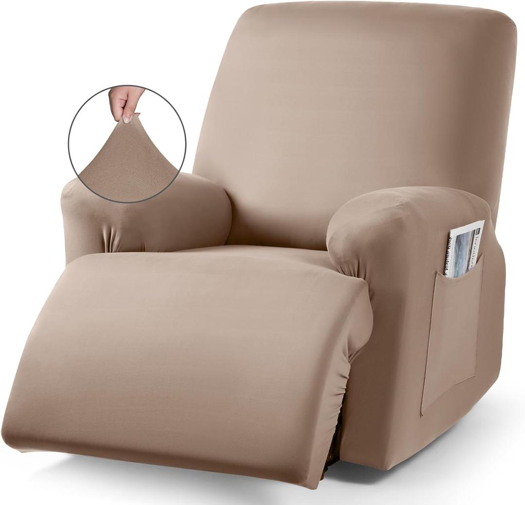 TAOCOCO Recliner Chair Covers Stretch Polyester Fabric 3-Piece for Large Recliners, Soft, Breathable and Skin-Friendly Furniture Protector, Washable (Khaki, Recliner Chair Cover)
