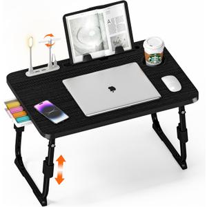 Laptop Desk for Bed Height Adjustable, Lap Bed Table with USB/Storage Drawer/Cup Holder/Tablet Stand/Book Shelf, Foldable Breakfast Tray Portable for Reading Writing, Sofa & Floor, Black