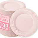 IOOOOO10 Inch Pink Plastic Plates, 100 Count Pink Plastic Dinner Plates,Disposable Heavy Duty Dinner Plates,Premium Hard Gold Disposable Plates for Party, Weddings & Events