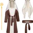 Irtysh Kids Biblical Saint Joseph Costume Jesus Robe Fancy Dress Sherherd Costume Staffs Headwrap Hat Waist Rope Set (7-8 Years, Brown)