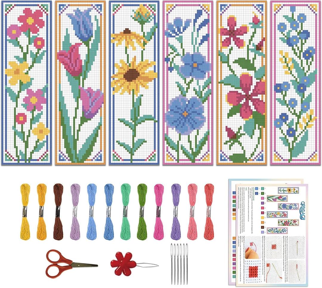 ORIGACH 6 Pcs Flower Cross Stitch Bookmark Kit for Beginner with Backing Felt Floss Instruction Sunflowers Tulip DIY Stamped Embroidery Bookmark Kit for Starter Adults Book Lovers