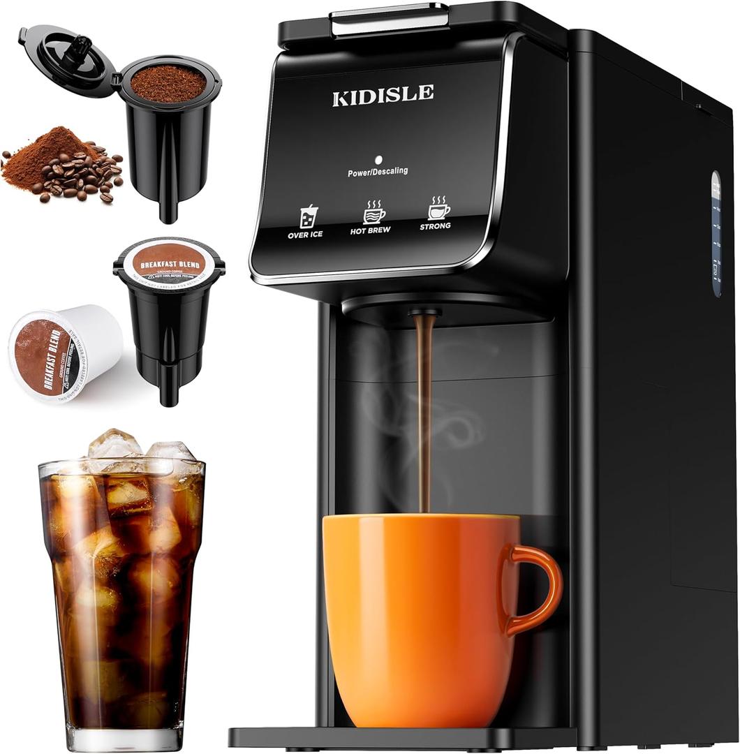 Hot & Iced Coffee Maker for K-Cups & Ground Coffee, Single-Serve Brewer with Bold Setting, Reusable Filter, Travel Mug Friendly, Compact & Quick Brew, Black