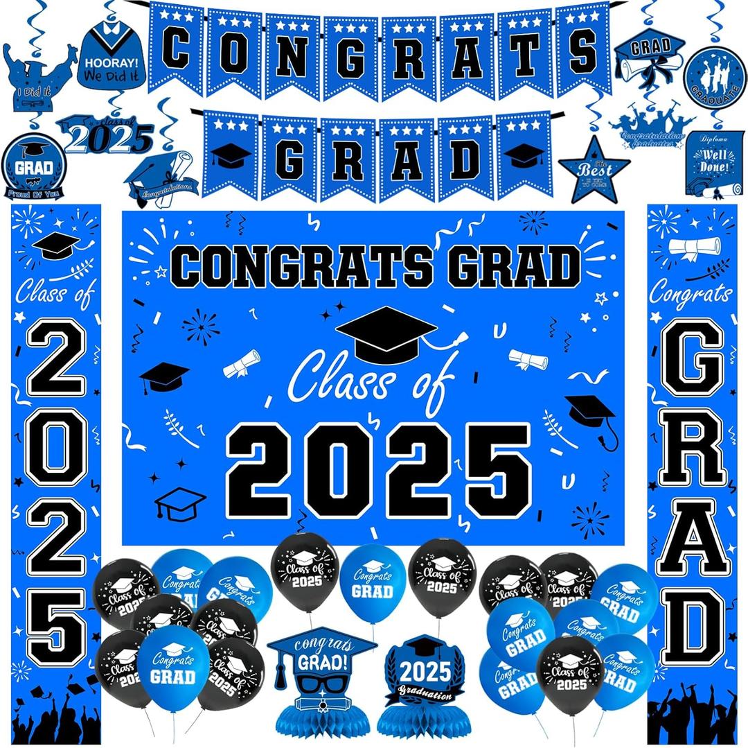 Graduation Decorations 2025, Graduation Decorations Set Class of 2025 Backdrop, Flag Banner, Porch Banner, Congrats GRAD Hanging Swirl, Balloons for Grad Party Decor (Blue & Black)