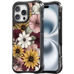for iPhone 16 Pro Max Case Cute - Compatible with Magsafe - Military-Grade 20 ft Drop Protection Shockproof Phone Case - Funny Sunflower Design (6.9") Black