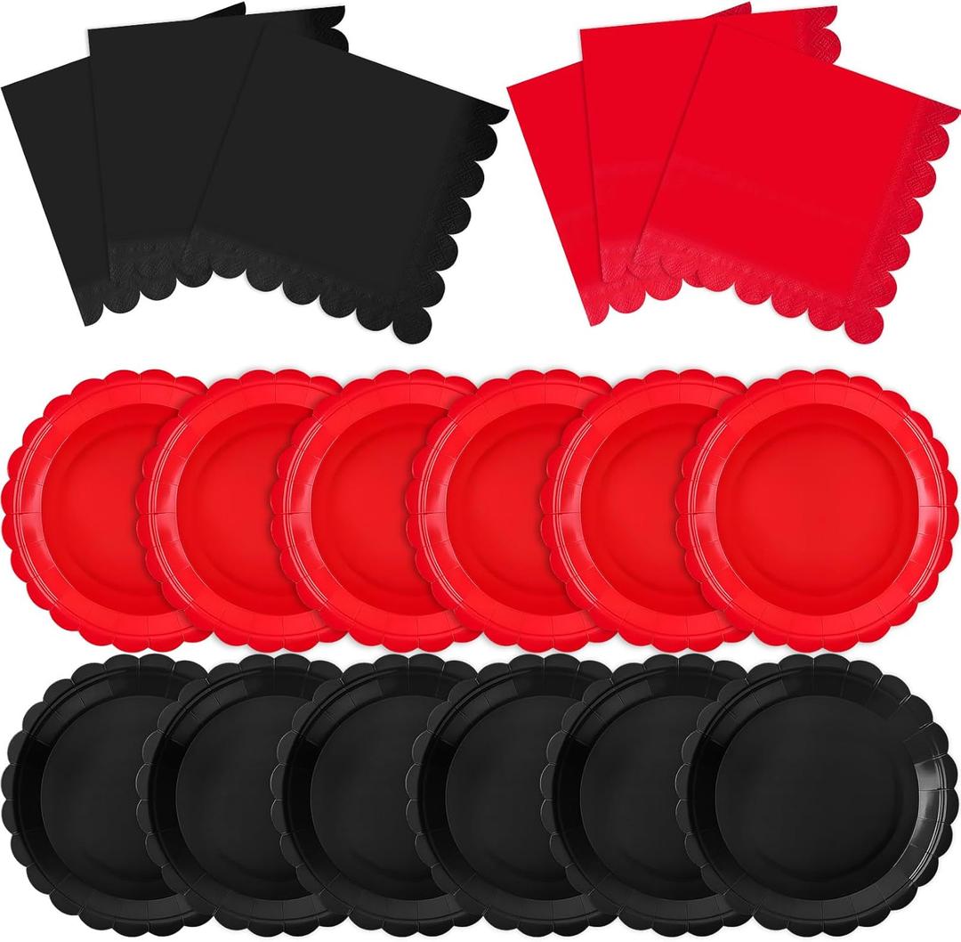 120 Pcs Red and Black Plates and Napkins Party Supplies Disposable Paper Plates 7 Inch Scalloped Plate for Graduation Casino Theme Party Spooky Birthday Decorations,Serve 60(Red and Black)