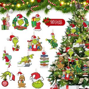 Christmas Tree Decorations Grinchs for Kids Gift - 24 Sets Christmas Wooden Hanging Ornaments with Bells & Bows for Indoor Home Party Decor