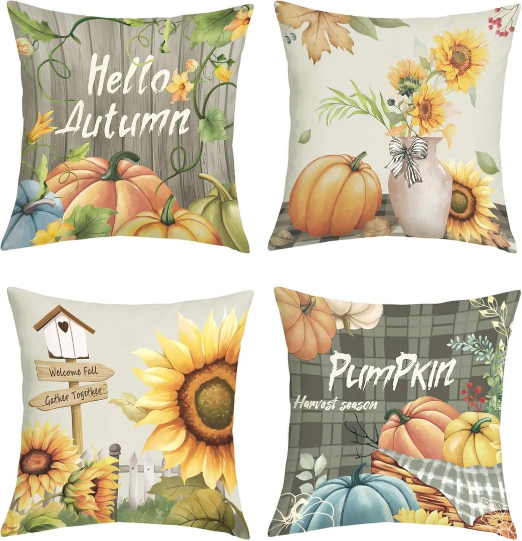 Fall Farmhouse Pumpkin Sunflowers Throw Pillow Covers 18x18 Inch Set of 4 Hello Autumn Thanksgiving Harvest Plaid Wood Grain Cushion Covers Home Decor for Couch Cushion Cases (Vase)