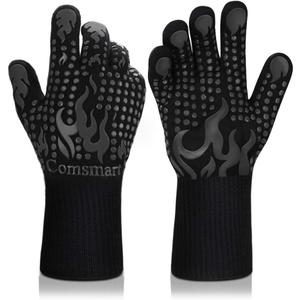 Comsmart BBQ Gloves, 1472F Heat Resistant Silicone Non-Slip Oven Mitts, Long Kitchen Gloves Perfect for Grilling, Cooking, Baking, Cutting Black