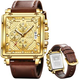 OLEVS Stylish Wrist Watch for Men,Silicone Strap Men Watches,Pro Diver Stainless Steel Chronograph Watch,Waterproof Date Dress Watch for Man,Large Face Male Watch (brown leather gold 9925)
