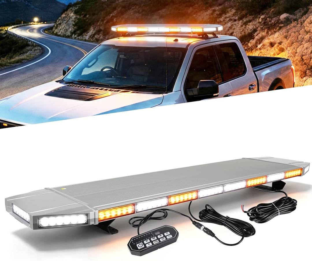 47" Amber White LED Rooftop Emergency Strobe Light Bar Heavy Duty Aluminum Flashing Warning Security Traffic Advisor 20 Flashing Modes with Take Down & Alley Light for Truck Tow Construction