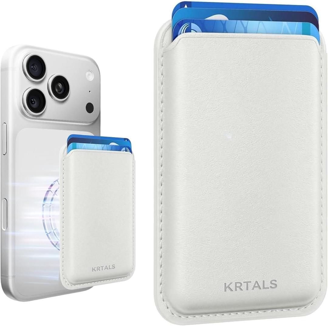 Magnetic Wallet Cell Phone Card Holder for Phone Case with Mag-Safe, Stronger Magnetic RFID Leather Phone Wallet Stick on Series of iPhone 17/16/15/14/13/12 and Pro/Promax, White