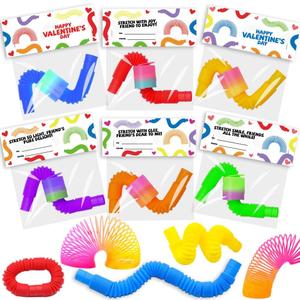 28-Pack Valentines Day Cards for Kids with Fidget Pop Tubes & Spring Toys  Pre-Assembled Classroom Exchange Gifts, Fun Party Favors & Toddler Treats