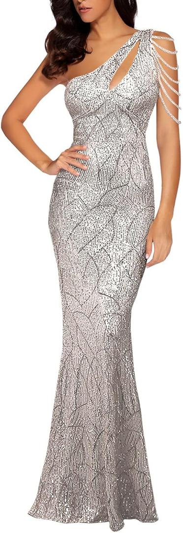 Women One Shoulder 1920s Plus Size Formal Dress Tassels Sleeve Sequins Gatsby Maxi Evening Gown (Medium)