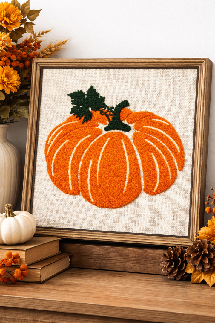 Decorative Framed Wall Art Featuring An Embroidered Or Textured Pumpkin Design, Often Styled For Autumn Or Fall Home Decor