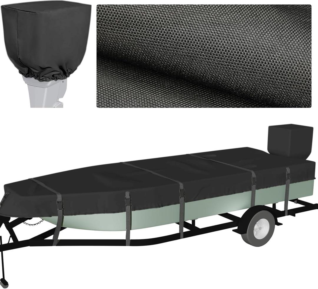 Black Heavy Duty Fully 900D Jon Boat Cover 14ft - 16 ft with Motor Cover, 100% Waterproof Trailerable Jon Boat Covers 14-16 Foot with 9+4 Pcs Windproof Straps (14'-16' Long, Beam Width to 75")