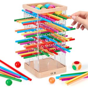 Montessori Wooden Board Games, 48 Colorful Sticks Dice Game with 12 Balls, Family Game for Kids and Adults, Math Educational Toys for 3 4 5 6 Years Old, Fine Motor Skills Toy Gifts for Boys and Girls