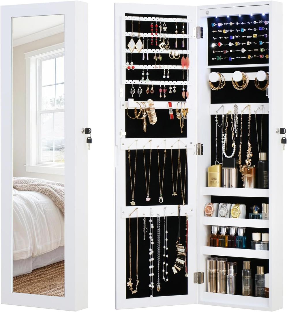 Full Length Mirror Jewelry Cabinet Organizer Lockable Door Wall-Mounted Jewelry Armoire with Shelves and Behind-the-Door Storage - White (43.3*12.4 Standard Mirror)