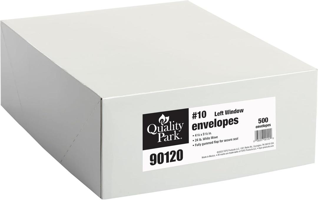 Quality Park #10 Window Envelopes, Single Window, 4-1/8 x 9-1/2 Inches, 24 lb White, Gummed, 500 per Box (QUA90120)