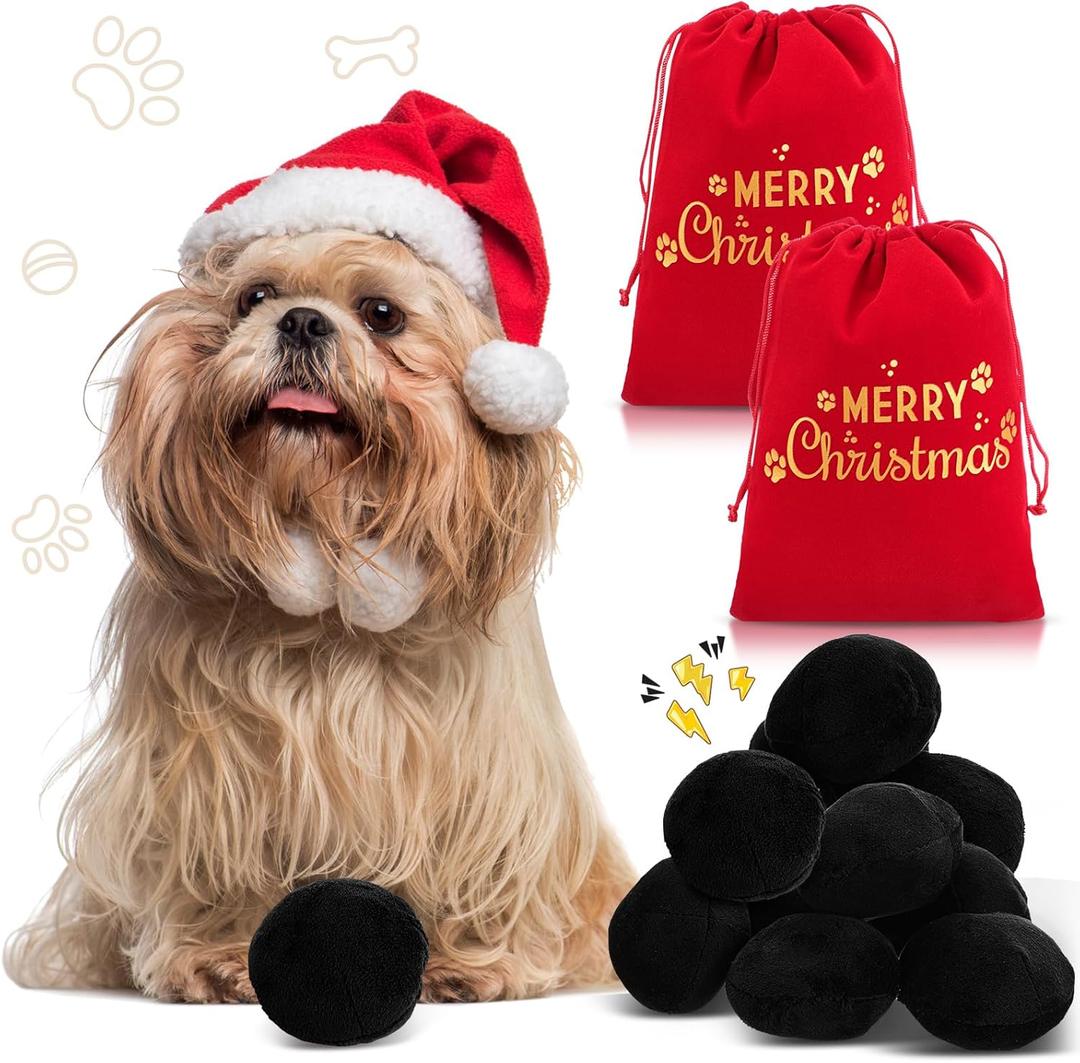 Shappy 10 Pcs Christmas Coal Plush Squeaky Dog Toys and 2 Pcs Gift Bags with Drawstring Black Soft Stuffed Squeaky Dog Balls for Small Medium Large Dogs Puppy Pets Animals Interactive Play