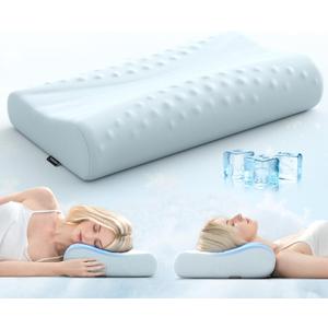 Ruizman Memory Foam Contour Pillow  Cooling Cervical Neck Pillow for Sleeping  Patented Ergonomic 2 Heights Design Contour Pillow for Side Back Stomach Sleepers (Light Blue)