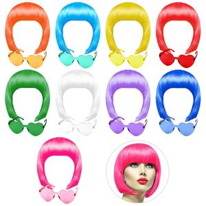 PLULON 9 Pcs Colorful Short Bob Wig and 9 Pcs Sunglass Set Neon Colored Wigs Cosplay Wigs Daily Party Hairpieces for Bachelorette Glow in The Dark Neon Party Favors Halloween Costume Supplies
