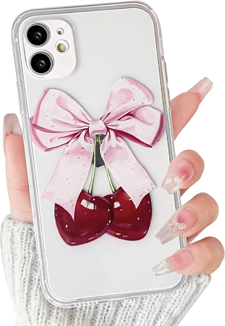 Lovmooful Compatible for iPhone 12 Case Cute Clear Cherry Bowknot with Aesthetic Design for Girls Women Soft TPU Shockproof Protective Girly for iPhone 12 Case-Love Bow