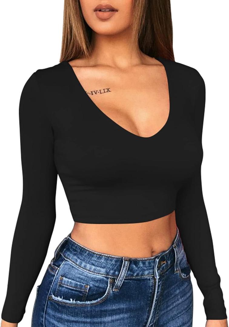 XXTAXN Women's Sexy Bodycon Basic Scoop Neck Long Sleeve Slim Solid Color Crop Top (Medium, Black)