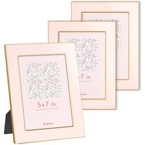 Fun Memories 5x7 Picture Frame - 3pcs Pink Enamel Glass Photo Frame with Gold Metal Edge & Easel for Display Picture Frame on Countertops, Tabletops, Bookshelves, Desks, Walls (Pink/Gold)
