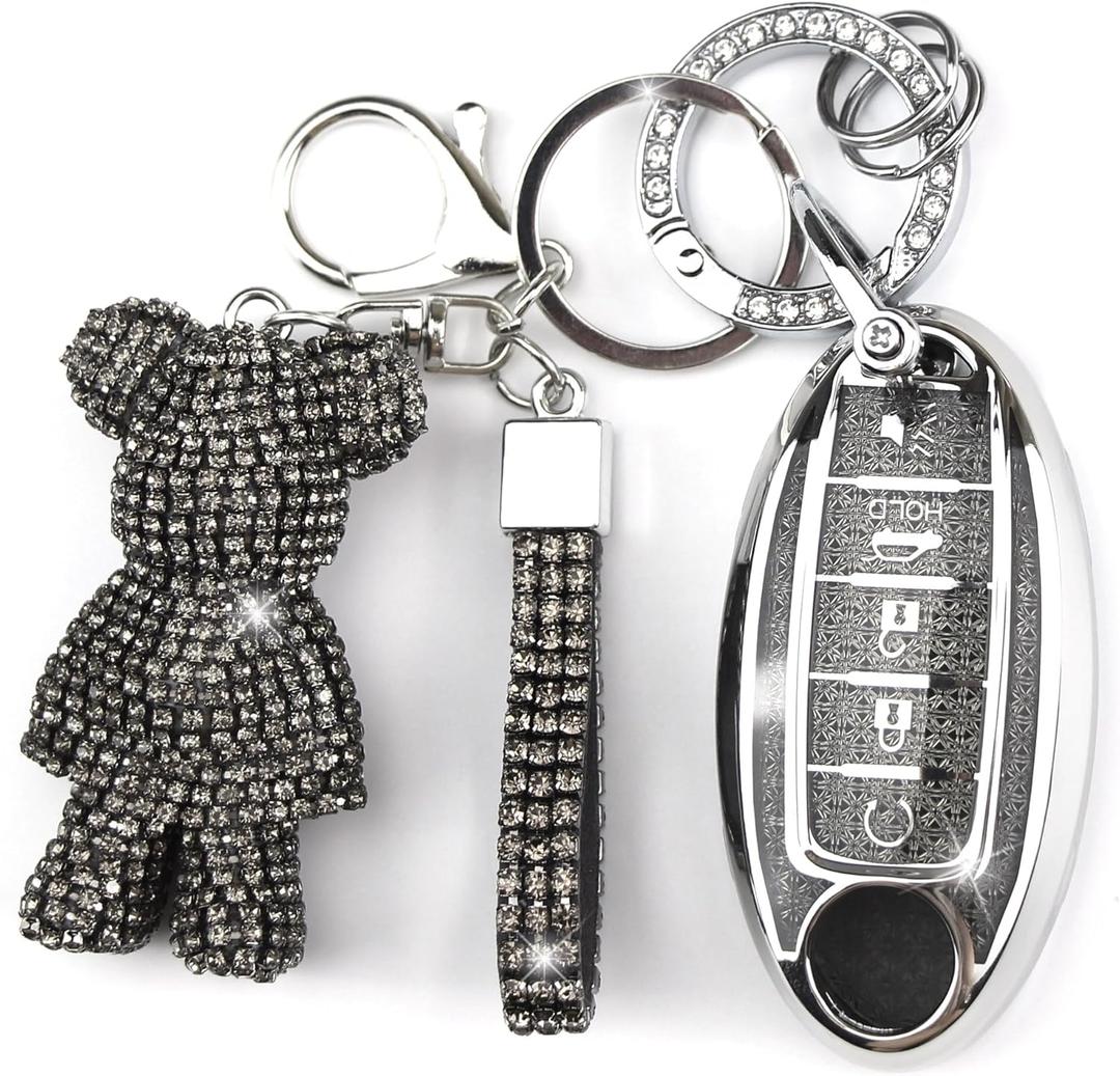 Cute Key Fob Cover with Rhinestone Bear Charm, Bling TPU Smart Key Case for Women, Compatible with Nissan Altima Armada Maxima Murano Pathfinder Rogue Sedan Sentra (5-Button, Silver Black)