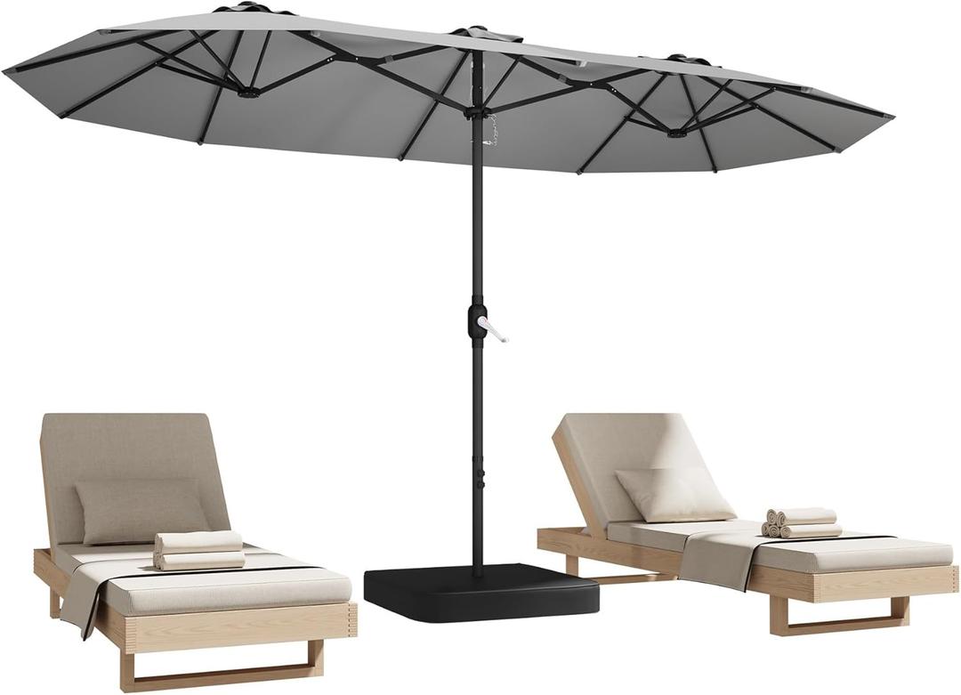 DomeShade 15ft Patio Umbrella with Base,Large Outdoor Double-Sided Rectangle Umbrella with Crank Handle, Market Umbrella for Poolside Garden Deck Backyard Beach Pools, Gray