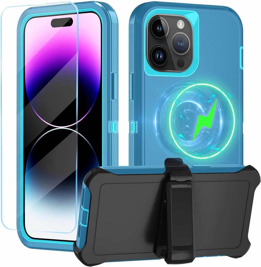Magnetic for iPhone 14 Pro Max Case,with Belt Clip,[Compatible with Magsafe] W/Tempered Glass Screen Protector,Anti-Drop,Shockproof,Heavy Duty Protection (Lake Blue)