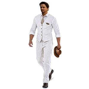 Furuyal Mens Casual Wedding Suits Linen Suits for Men 2 Piece Suits Groomsmen Tuxedos Summer Beach Prom Vest and Pants Set White, Size XL