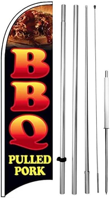 BBQ PULLED PORK Windless Feather Swooper Flag 15 Feet Tall Large Pole Kit Banner Sign, kb-h