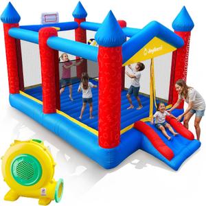 JoyBerri Mighty Bounce Bouncy House - 16.8' x8.9' Ft Extra Large, Inflatable Bounce House for Kids and Adults - with Air Blower, Volleyball Net, Basketball Hoop and Slide - ASTM Certified
