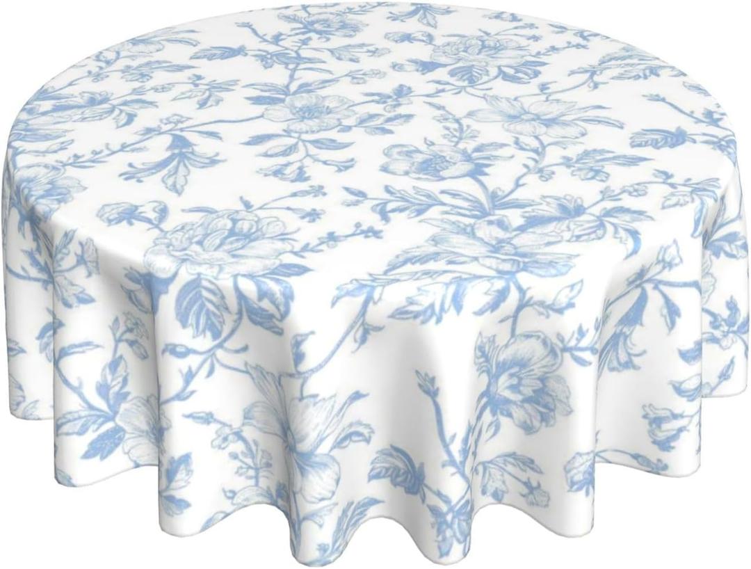 AGAYNA Light Blue Floral Tablecloth Round 70 Inch Chinoiserie Vintage Flower Table Cloth,Stain Resistance Polyester Spring Summer Seasonal Small Table Covers for Kitchen Dining Party Picnic