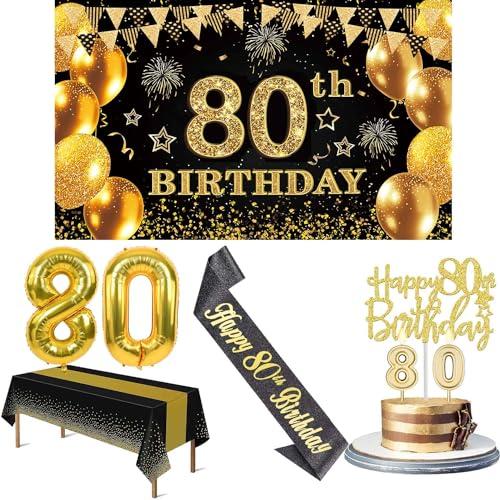 80th Birthday Decorations Men Women with 80th Birthday Banner, Black and Gold Table Cloth, Number Balloons, Large Sash, Cake Topper and Candles