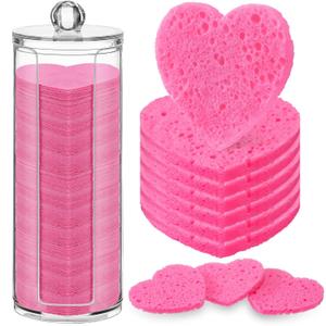 Sieral 120 Pcs Compressed Facial Sponges for Women with Container Disposable Face Sponge Pads for Washing Face Cleansing Exfoliating Esthetician Makeup Removal(Heart,Rose Red)