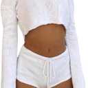 GORGLITTER Women's Crochet Shorts Set Two Piece Vacation Summer Beach Outfits Off The Shoulder Crop Tops and Shorts Set L