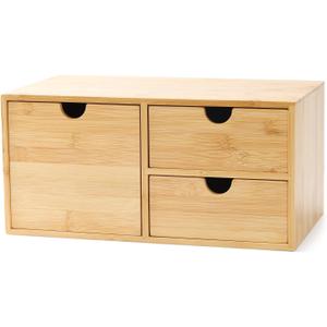 Wisuce Bamboo Desk Organizer - Mini Desktop Drawer Tabletop Storage Organization Box for Office Home Toiletries Supplies, No Assembly Required (3 Drawer with big drawer)