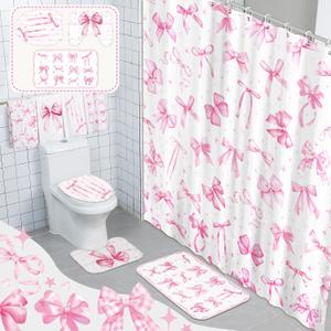 FuWeave 8 Pcs Pink Bow Shower Curtain Sets for Bathroom Decor Cute Coquette Bathroom Accessories Bow Knot Aesthetic Girly Shower Curtain Sets with Towels Carpet Bath Mat Toilet Rugs and 12 Hooks
